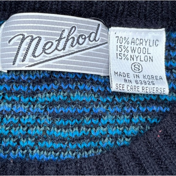 Vintage 80s Geometric Grandpa Knit Sweater Blue & Black Size Small - Picture 4 of 6